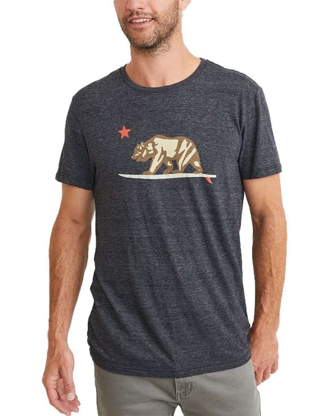 Marine Layer Charcoal Heather Tee with Camo Bear and Red Star